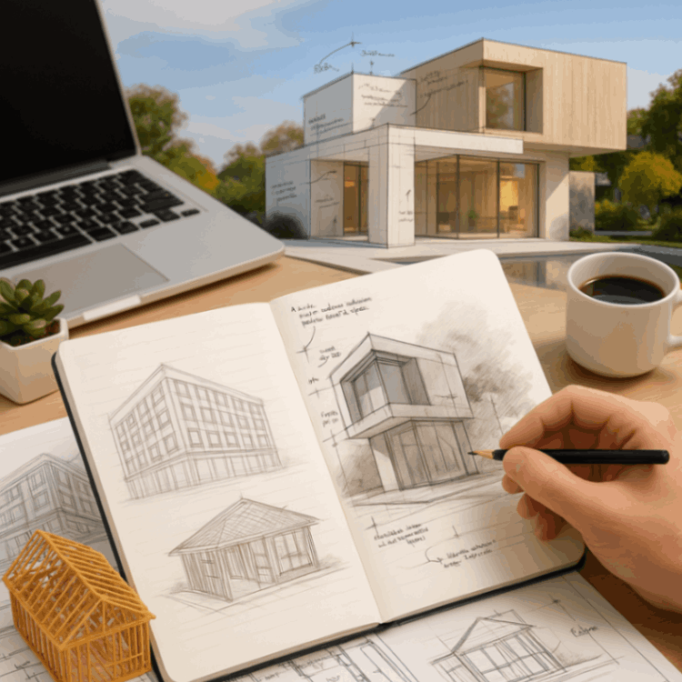 An architectural drafting scene with sketches, tools, and a computer, highlighting the design and planning phase of architecture.