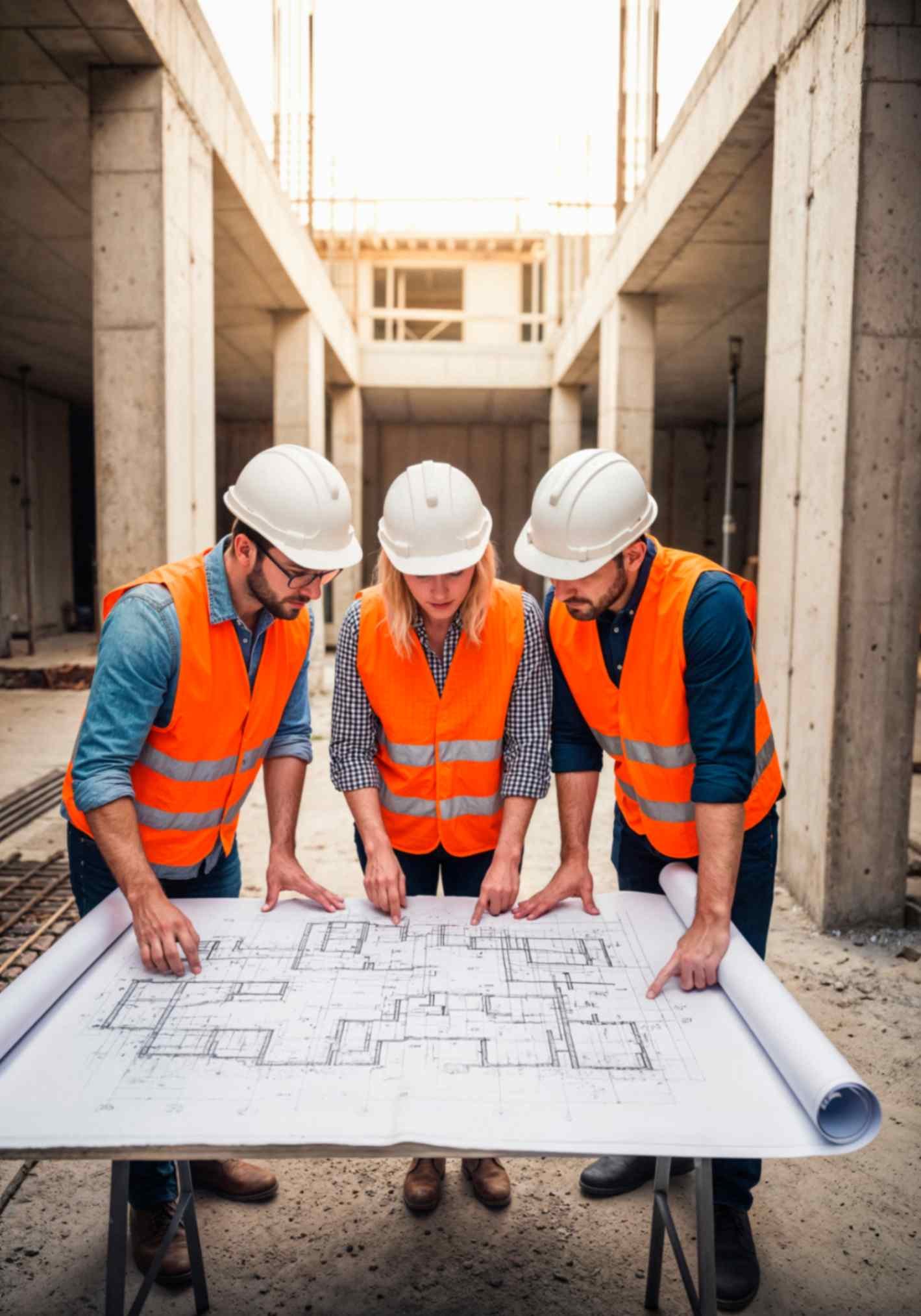 Three people wearing hard hats study a blueprint, collaborating on construction plans in a worksite setting.