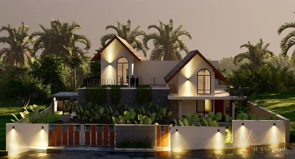 A modern house with a stone facade and wooden elements, surrounded by lush greenery and palm trees, illuminated in soft evening light.