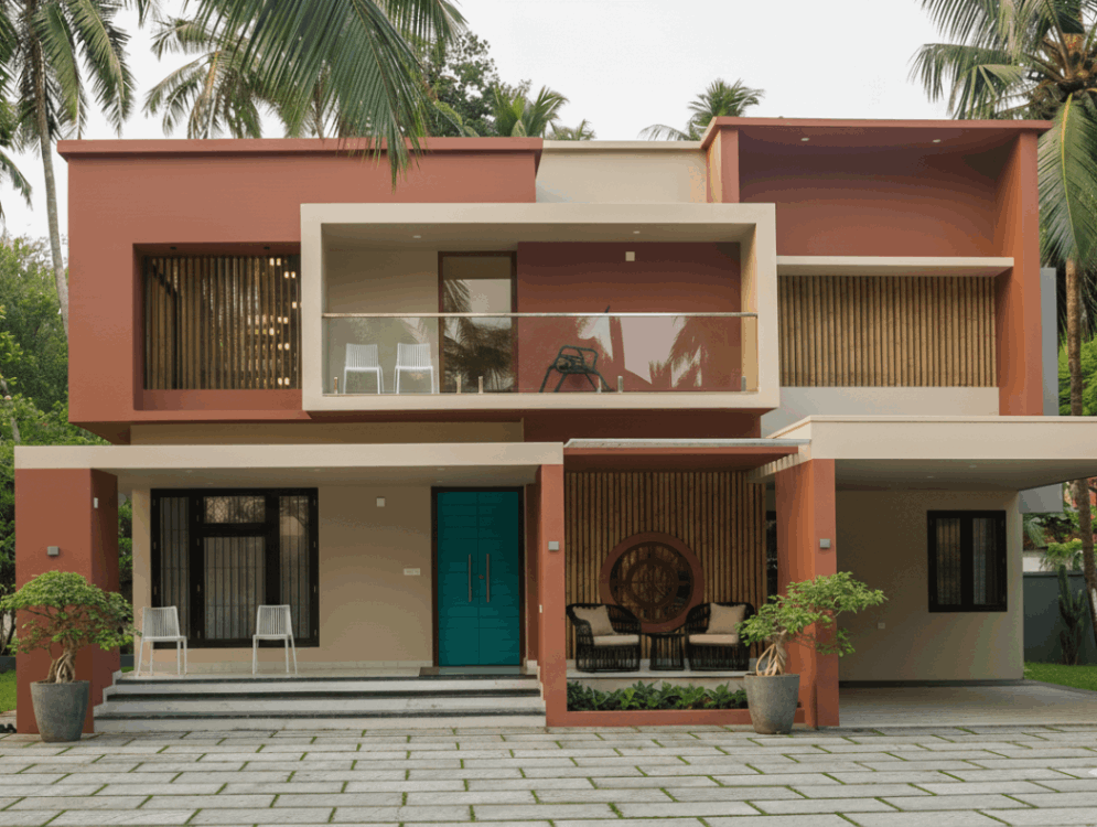 Modern house featuring a sleek design, with a spacious balcony