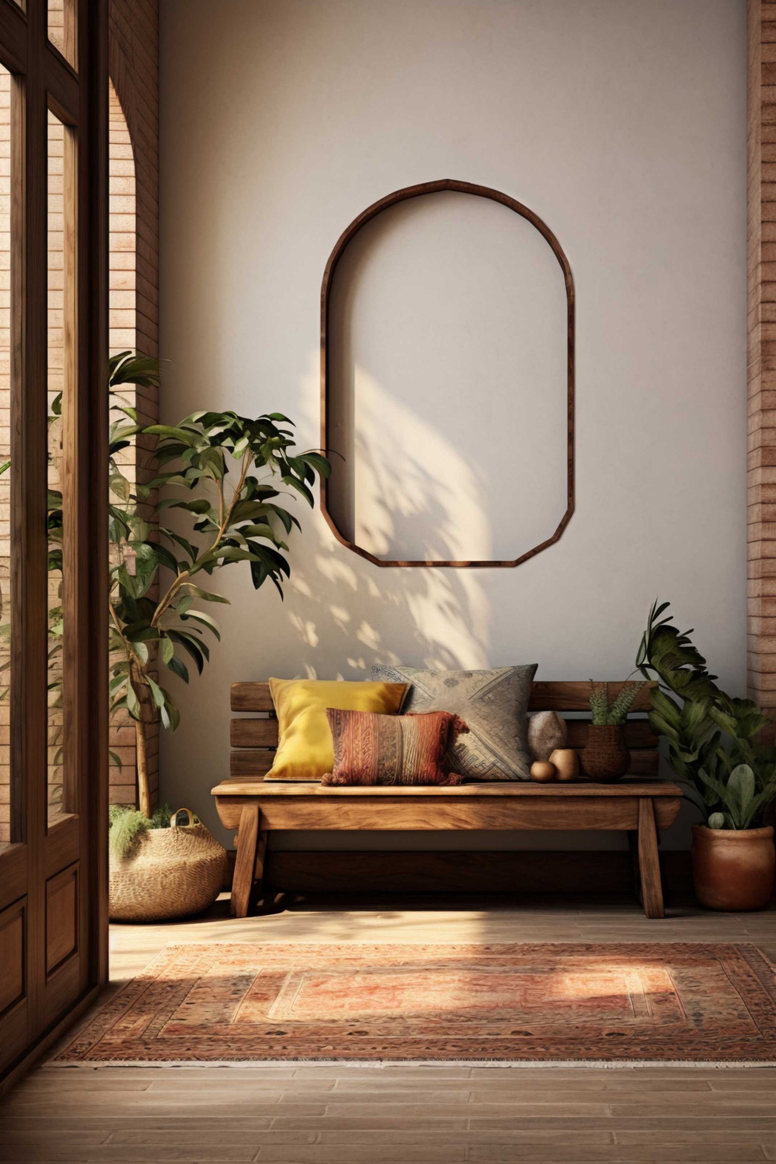 A cozy room featuring a wooden bench beside a large window, allowing natural light to fill the space.