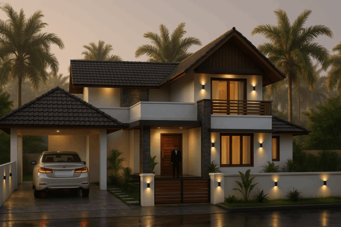 A contemporary home featuring a car parked in the driveway, surrounded by a well-kept lawn.