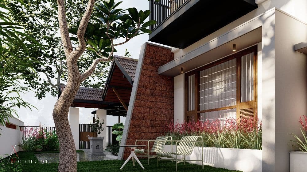 A serene garden scene featuring a modern house with wooden accents, surrounded by lush greenery and blooming plants.