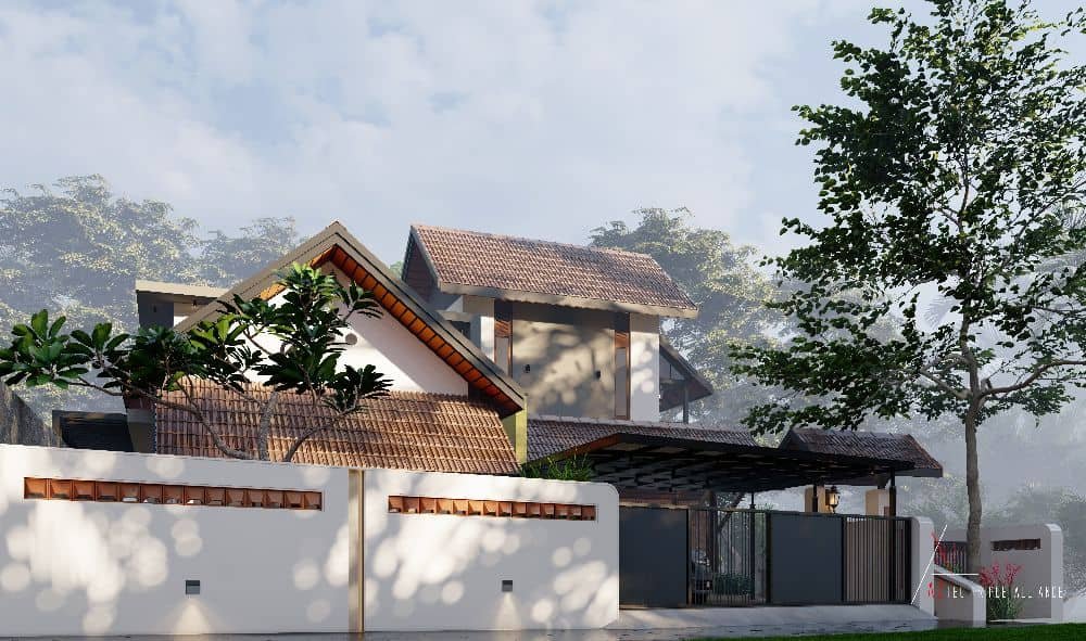 A sleek modern house with a fence and lush trees, creating a serene and inviting outdoor space.