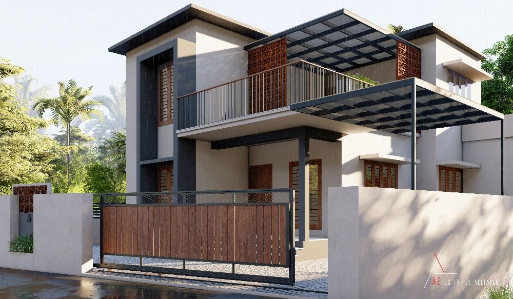 Modern house featuring a stylish balcony, showcasing contemporary architecture and lush surroundings.