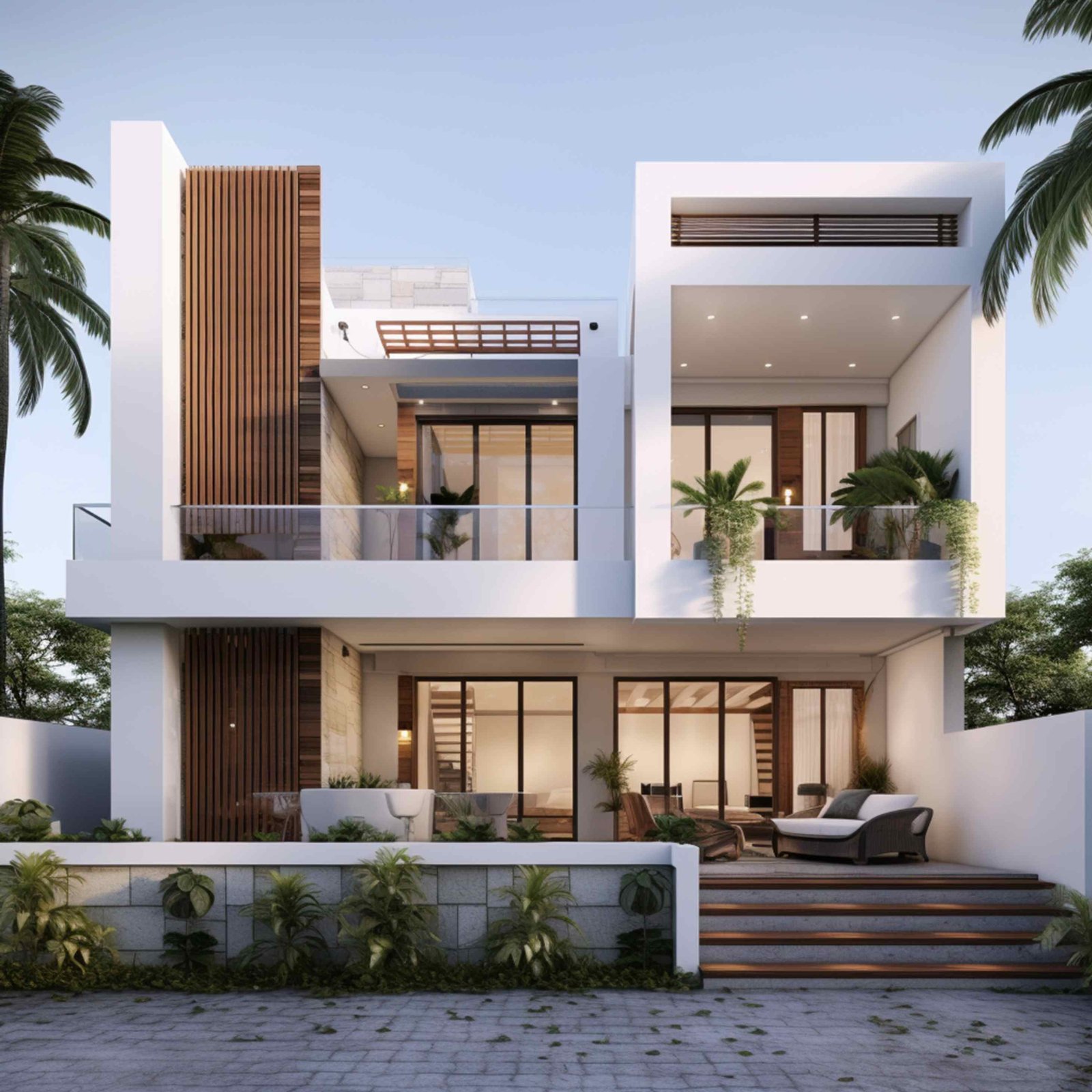 Modern villa featuring a sleek design with a combination of white and brown wood elements.