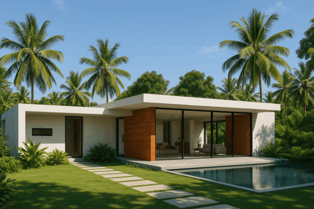 A sleek modern house with a shimmering pool surrounded by lush palm trees under a clear blue sky.