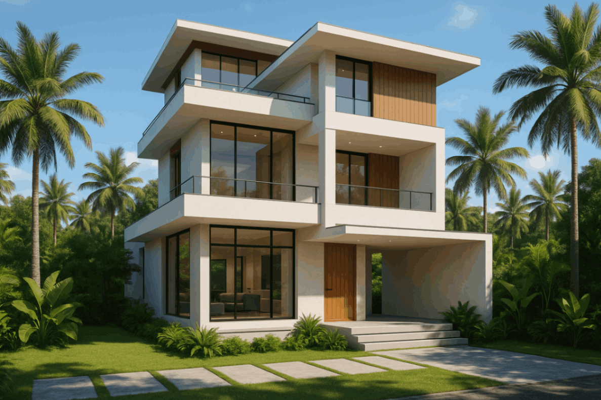 Contemporary two-story home with a stylish balcony, showcasing modern architectural elements.